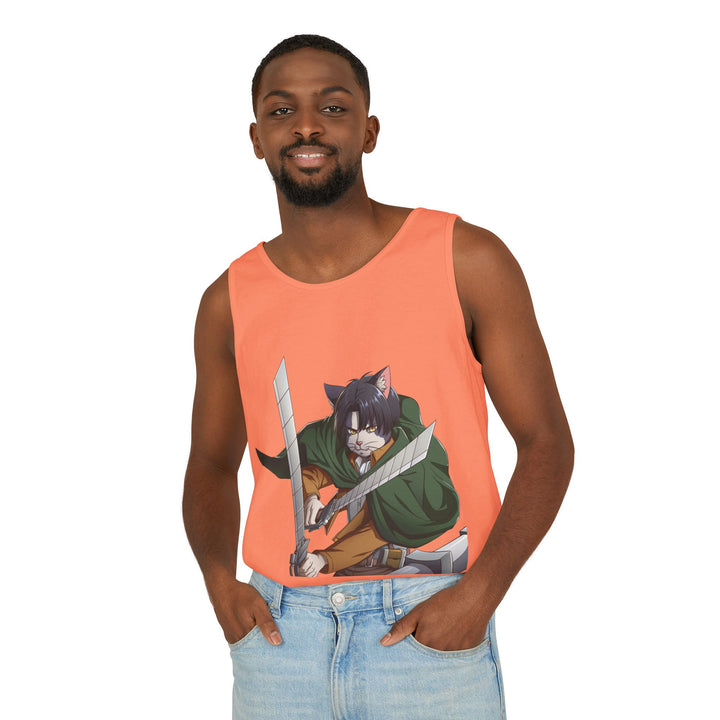 Anime Cat Warrior Tank Top, Unisex Graphic Tee, Cute Anime Apparel, Summer Fashion, Gift for Anime Fans