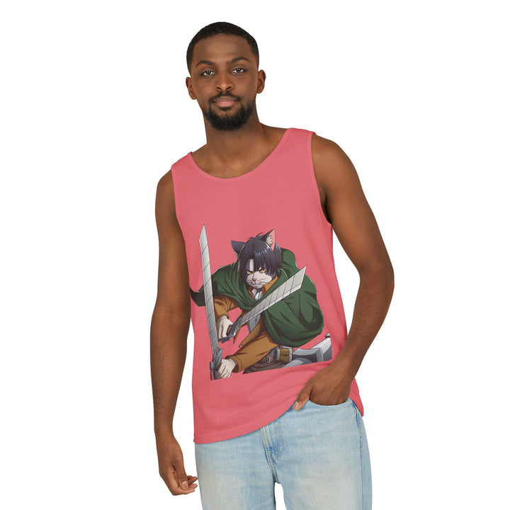 Anime Cat Warrior Tank Top, Unisex Graphic Tee, Cute Anime Apparel, Summer Fashion, Gift for Anime Fans