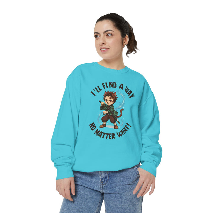 Motivational Unisex Sweatshirt with an Anime-Inspired Cat Demon Slayer and the Slogan "I'll Find a Way No Matter What Inspirational Gift Cozy Fashion Everyday Wear Unique Statement Piece