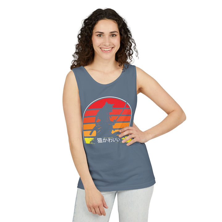 Sunset Cat Tank Top, Unisex Summer Top, Beachwear, Casual Workout Shirt, Gift for Cat Lovers