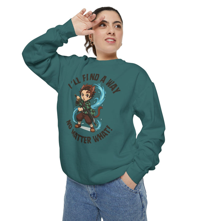 Motivational Unisex Sweatshirt with an Anime-Inspired Cat Demon Slayer and the Slogan "I'll Find a Way No Matter What Inspirational Gift Cozy Fashion Everyday Wear Unique Statement Piece