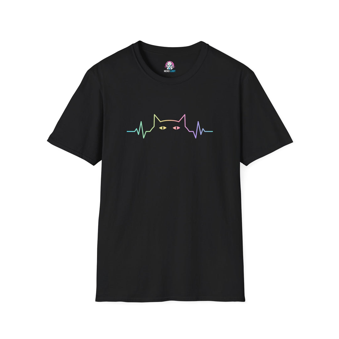 Front view of a black T-shirt with a rainbow heartbeat line forming cat ears and two colored eyes.