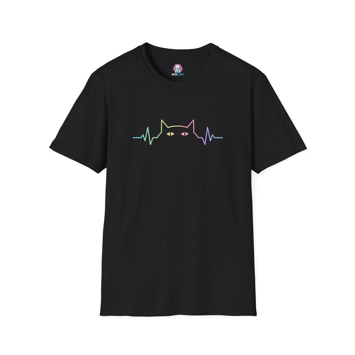 Front view of a black T-shirt with a rainbow heartbeat line forming cat ears and two colored eyes.