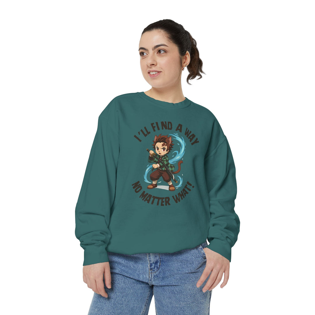 Motivational Unisex Sweatshirt with an Anime-Inspired Cat Demon Slayer and the Slogan "I'll Find a Way No Matter What Inspirational Gift Cozy Fashion Everyday Wear Unique Statement Piece
