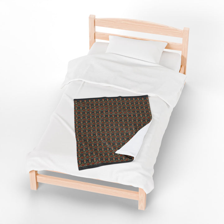 Velveteen Plush Blanket Featuring a Repeating Pattern of a Black Cat Eating Ramen in Ukiyo-e Style
