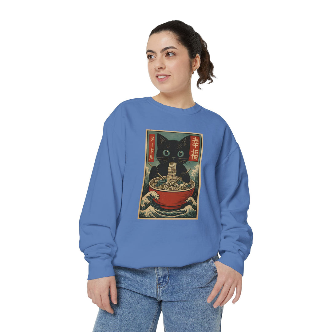 Japanese-Inspired Cat Sweatshirt Featuring a Black Cat Eating Ramen in a Classic Ukiyo-e Woodblock Art Style Cozy Unisex Sweater Cute Gift for Cat Lovers Casual Lounge Wear Perfect for Fall