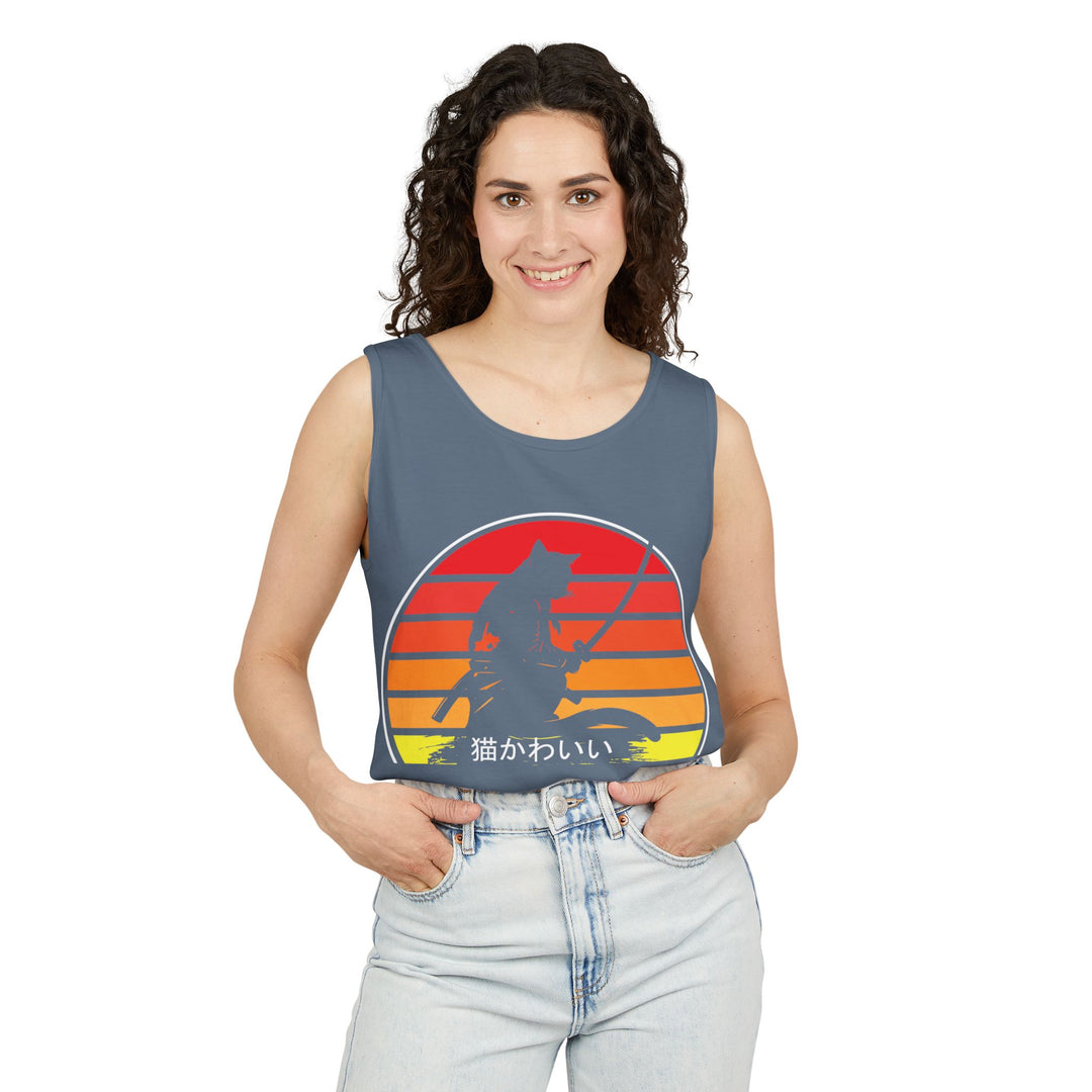 Sunset Cat Tank Top, Unisex Summer Top, Beachwear, Casual Workout Shirt, Gift for Cat Lovers