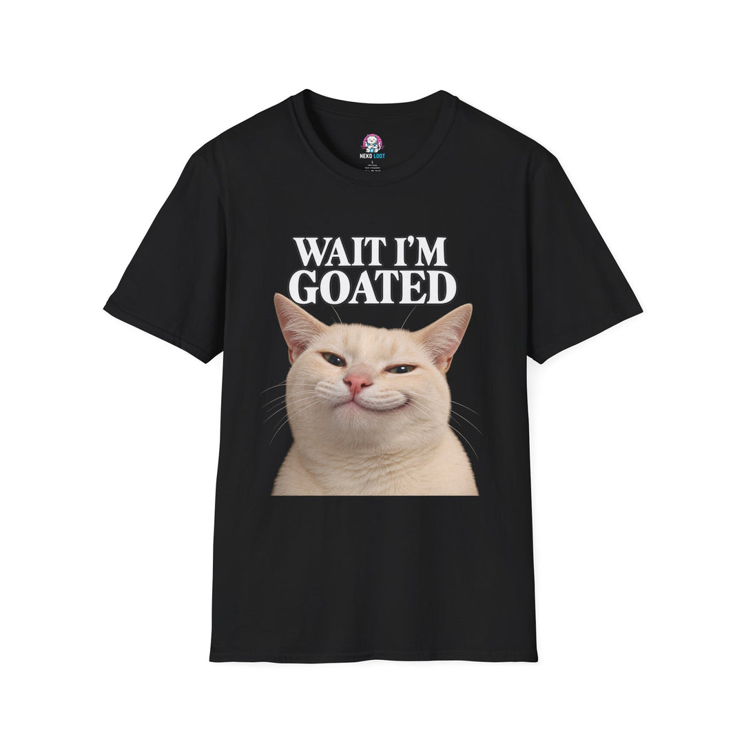 Black T-shirt featuring a cream-colored cat portrait beneath Wait I'm Goated lettering.