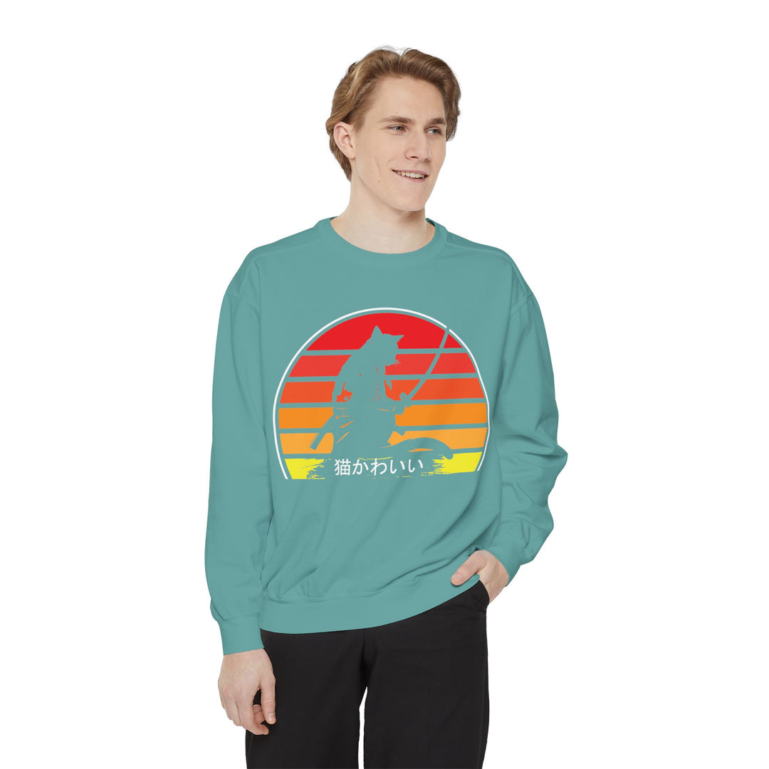 Sunset Samurai Sweatshirt | Cozy Unisex Garment-Dyed Pullover, Gift for Anime Lovers, Japanese Aesthetic Apparel, Fall Fashion, Casual Wear