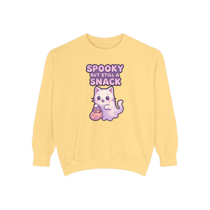 Spooky Snack Sweatshirt Featuring a Cute Ghost Cat Holding a Candy Basket with a Humorous Slogan