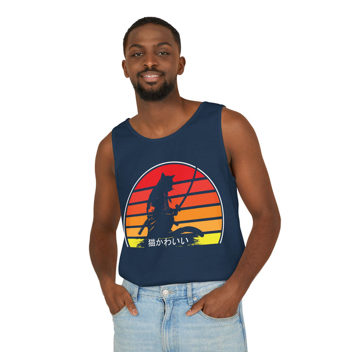 Sunset Cat Tank Top, Unisex Summer Top, Beachwear, Casual Workout Shirt, Gift for Cat Lovers