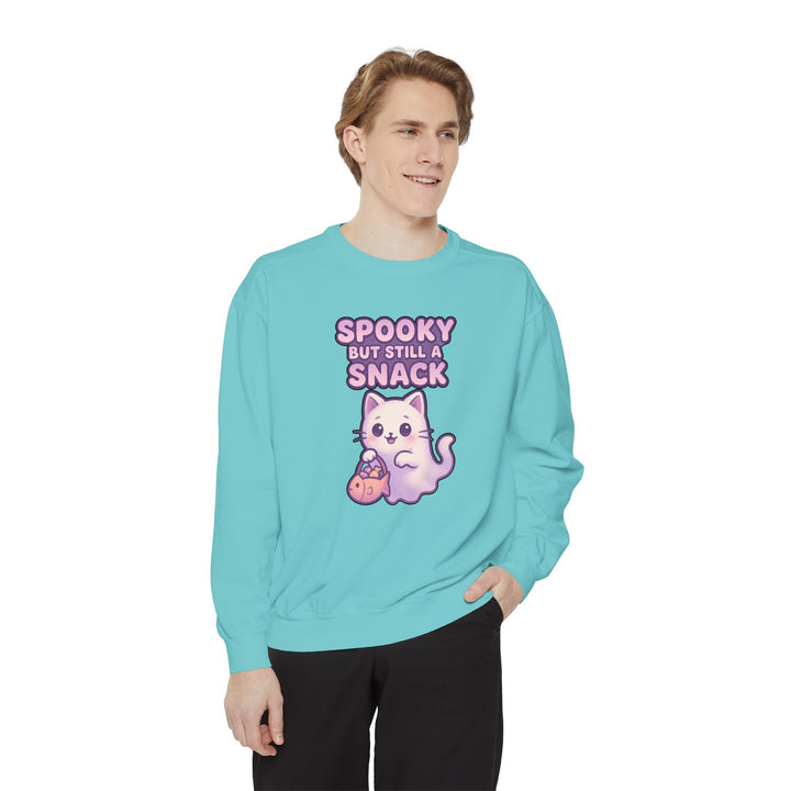 Spooky Snack Sweatshirt Featuring a Cute Ghost Cat Holding a Candy Basket with a Humorous Slogan