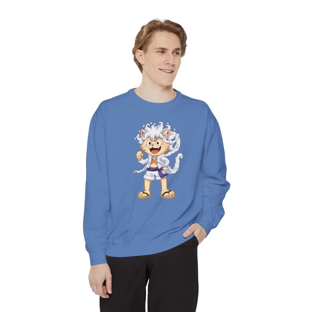 Cute Cat Character Sweatshirt Featuring a Whimsical Feline in a Cheerful Anime Inspired Pose for Fans of Unique Graphics Animal Lover Apparel Fun Fashion Casual Wear