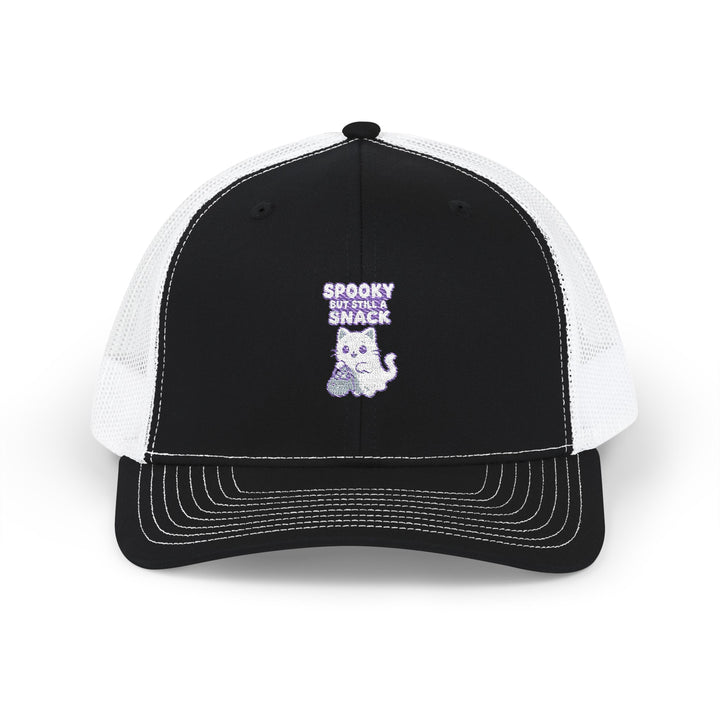 Spooky Snack Snapback Trucker Cap | Funny Hat for Halloween, Cool Gift for Pet Lovers, Embroidered Cap, Casual Summer Accessory, Outdoor Cap