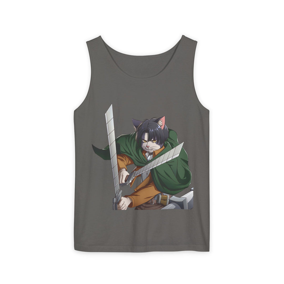 Anime Cat Warrior Tank Top, Unisex Graphic Tee, Cute Anime Apparel, Summer Fashion, Gift for Anime Fans