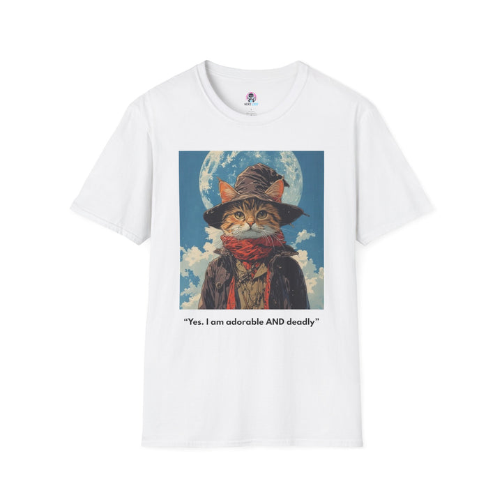 White T-shirt featuring a cat in a wizard hat and scarf with an adorable-and-deadly slogan.