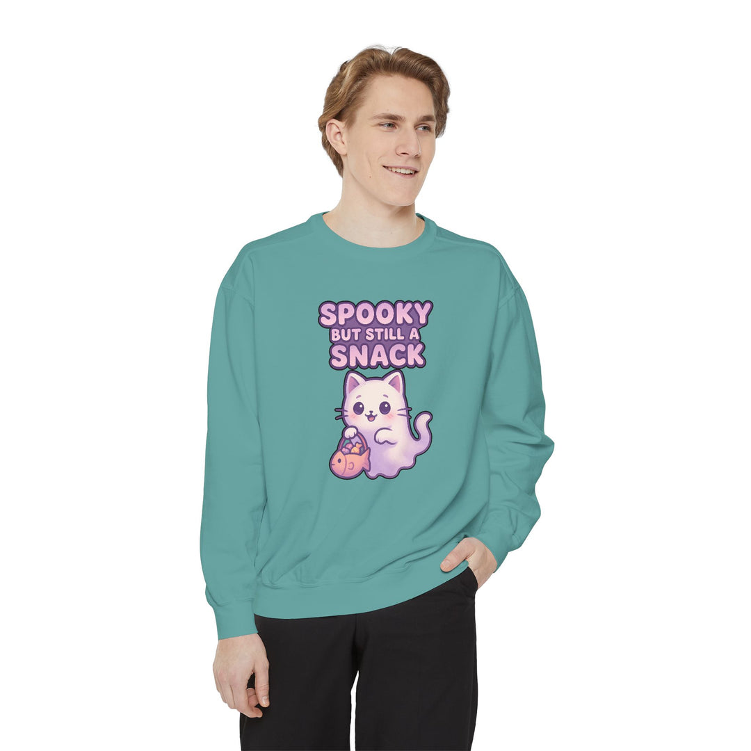 Spooky Snack Sweatshirt Featuring a Cute Ghost Cat Holding a Candy Basket with a Humorous Slogan
