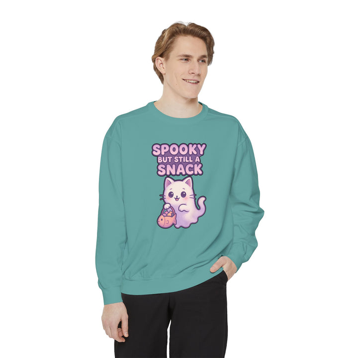 Spooky Snack Sweatshirt Featuring a Cute Ghost Cat Holding a Candy Basket with a Humorous Slogan