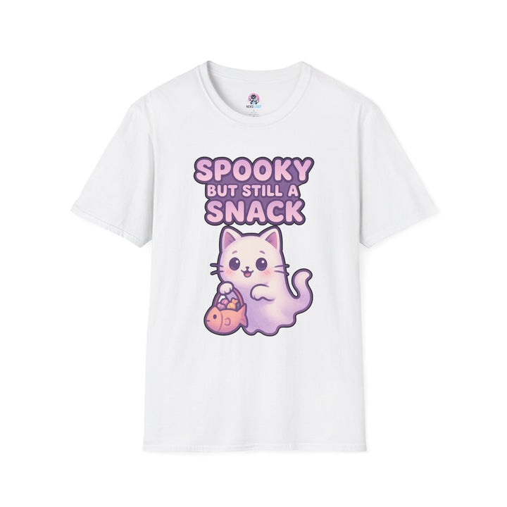 White T-shirt featuring a purple ghost cat holding a candy bag with Spooky but Still a Snack lettering.