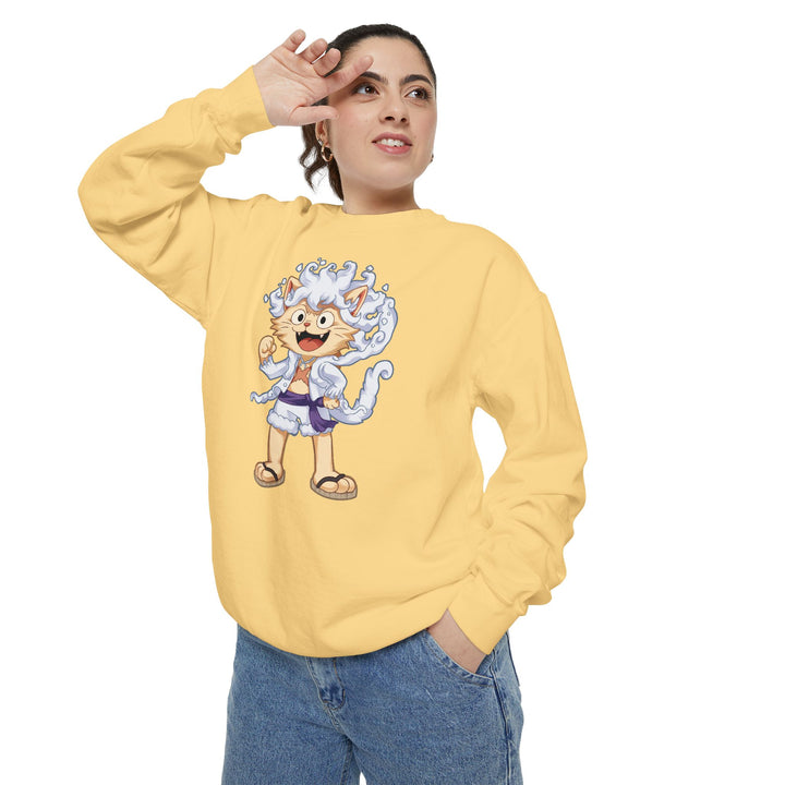 Cute Cat Character Sweatshirt Featuring a Whimsical Feline in a Cheerful Anime Inspired Pose for Fans of Unique Graphics Animal Lover Apparel Fun Fashion Casual Wear