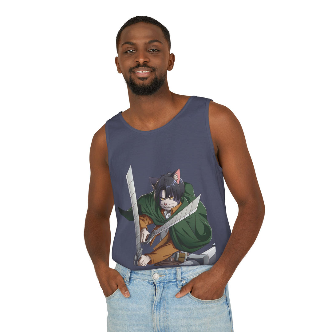 Anime Cat Warrior Tank Top, Unisex Graphic Tee, Cute Anime Apparel, Summer Fashion, Gift for Anime Fans