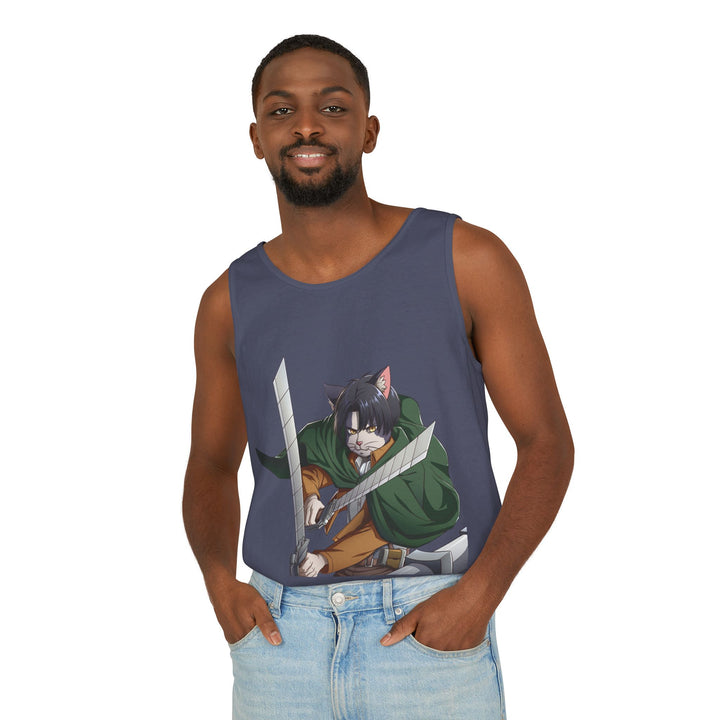 Anime Cat Warrior Tank Top, Unisex Graphic Tee, Cute Anime Apparel, Summer Fashion, Gift for Anime Fans