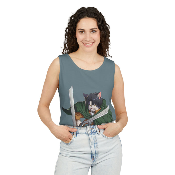 Anime Cat Warrior Tank Top, Unisex Graphic Tee, Cute Anime Apparel, Summer Fashion, Gift for Anime Fans