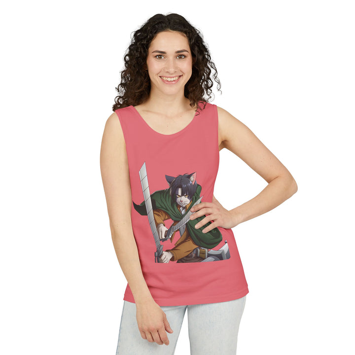 Anime Cat Warrior Tank Top, Unisex Graphic Tee, Cute Anime Apparel, Summer Fashion, Gift for Anime Fans