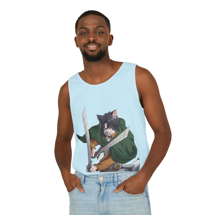 Anime Cat Warrior Tank Top, Unisex Graphic Tee, Cute Anime Apparel, Summer Fashion, Gift for Anime Fans