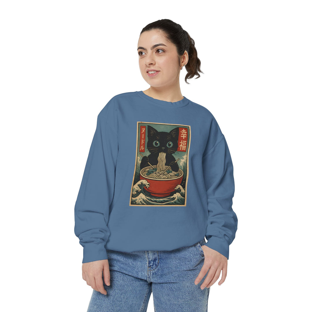 Japanese-Inspired Cat Sweatshirt Featuring a Black Cat Eating Ramen in a Classic Ukiyo-e Woodblock Art Style Cozy Unisex Sweater Cute Gift for Cat Lovers Casual Lounge Wear Perfect for Fall