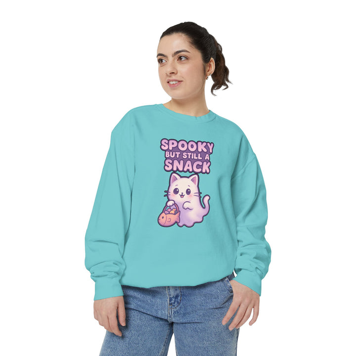 Spooky Snack Sweatshirt Featuring a Cute Ghost Cat Holding a Candy Basket with a Humorous Slogan