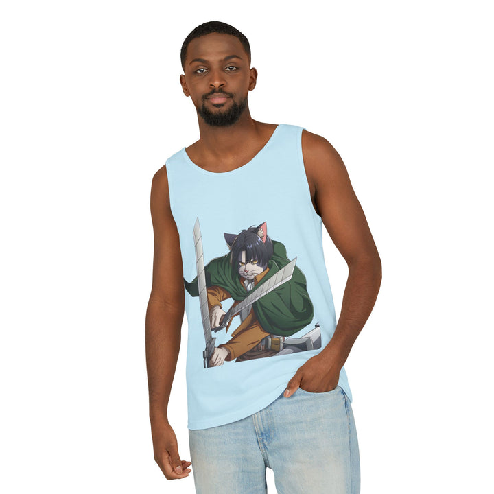 Anime Cat Warrior Tank Top, Unisex Graphic Tee, Cute Anime Apparel, Summer Fashion, Gift for Anime Fans