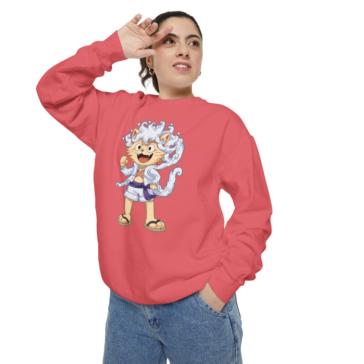 Cute Cat Character Sweatshirt Featuring a Whimsical Feline in a Cheerful Anime Inspired Pose for Fans of Unique Graphics Animal Lover Apparel Fun Fashion Casual Wear