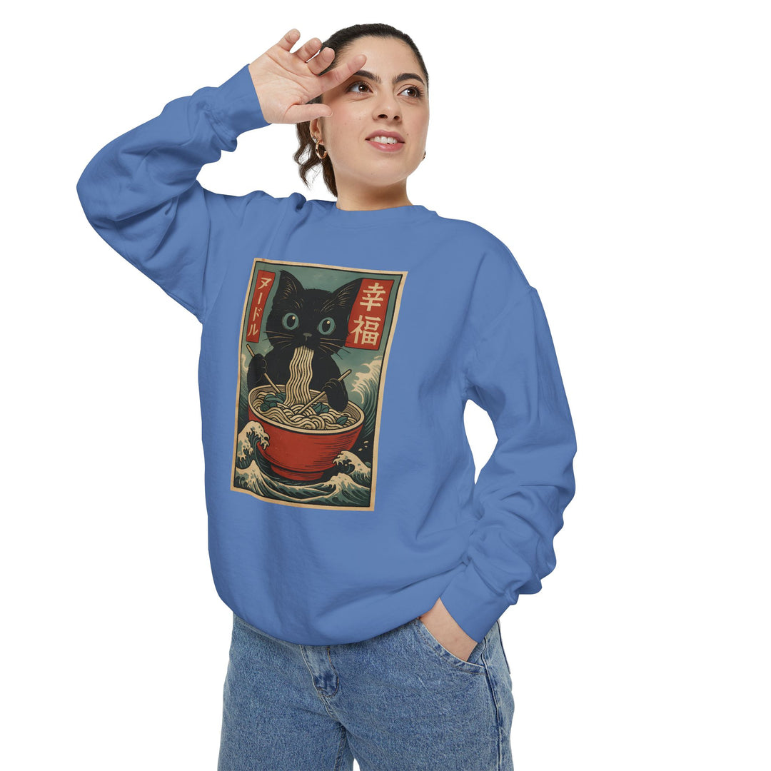 Japanese-Inspired Cat Sweatshirt Featuring a Black Cat Eating Ramen in a Classic Ukiyo-e Woodblock Art Style Cozy Unisex Sweater Cute Gift for Cat Lovers Casual Lounge Wear Perfect for Fall