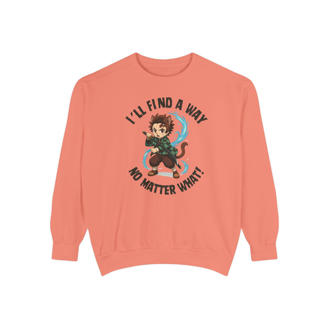 Motivational Unisex Sweatshirt with an Anime-Inspired Cat Demon Slayer and the Slogan "I'll Find a Way No Matter What Inspirational Gift Cozy Fashion Everyday Wear Unique Statement Piece