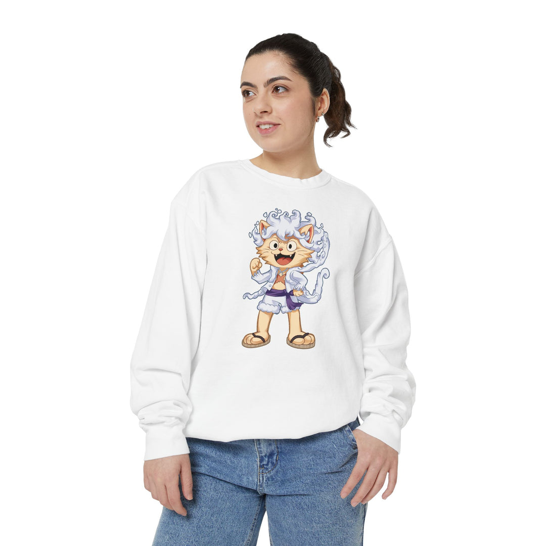 Cute Cat Character Sweatshirt Featuring a Whimsical Feline in a Cheerful Anime Inspired Pose for Fans of Unique Graphics Animal Lover Apparel Fun Fashion Casual Wear