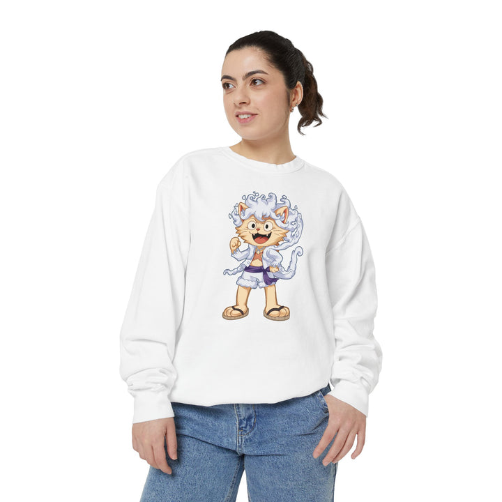 Cute Cat Character Sweatshirt Featuring a Whimsical Feline in a Cheerful Anime Inspired Pose for Fans of Unique Graphics Animal Lover Apparel Fun Fashion Casual Wear
