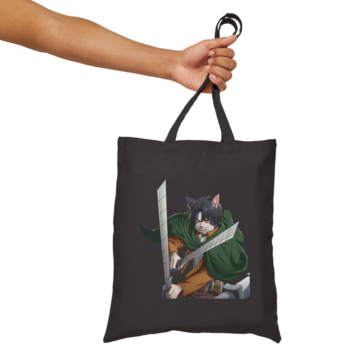 Cute Cat Warrior Cotton Canvas Tote Bag, Eco-Friendly Shopping Tote, Anime Tote, Cute Gift for Pet Lovers, Durable Shoulder Bag