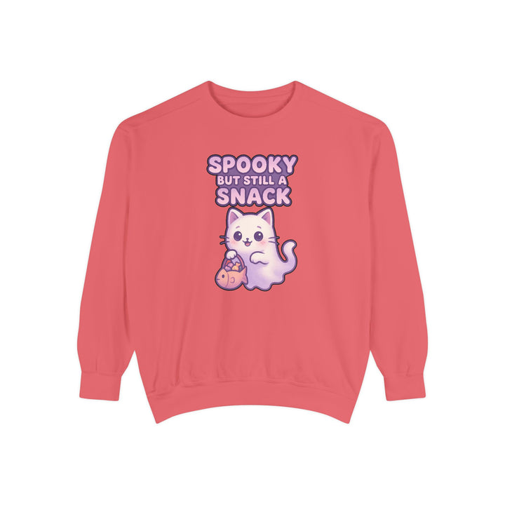 Spooky Snack Sweatshirt Featuring a Cute Ghost Cat Holding a Candy Basket with a Humorous Slogan