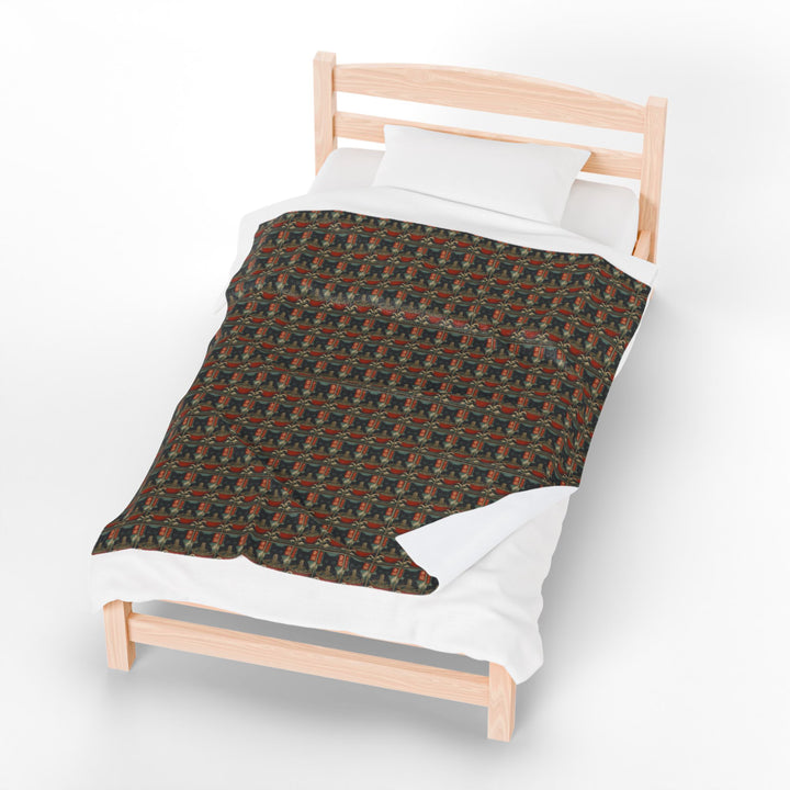 Velveteen Plush Blanket Featuring a Repeating Pattern of a Black Cat Eating Ramen in Ukiyo-e Style