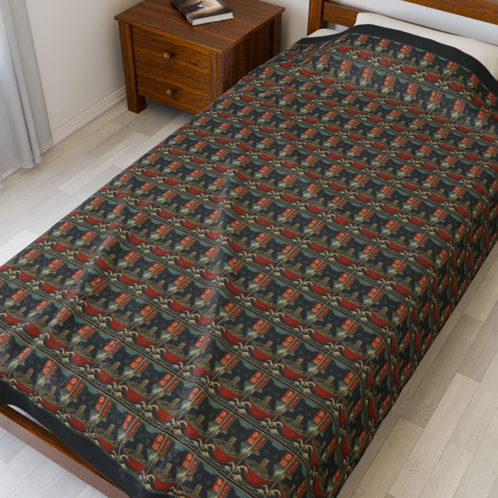 Velveteen Plush Blanket Featuring a Repeating Pattern of a Black Cat Eating Ramen in Ukiyo-e Style