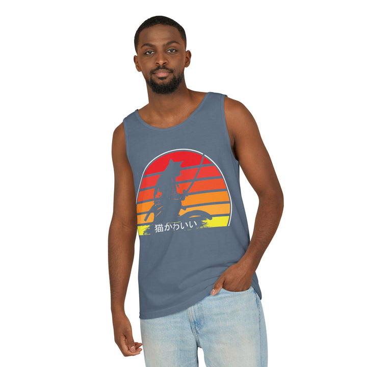Sunset Cat Tank Top, Unisex Summer Top, Beachwear, Casual Workout Shirt, Gift for Cat Lovers