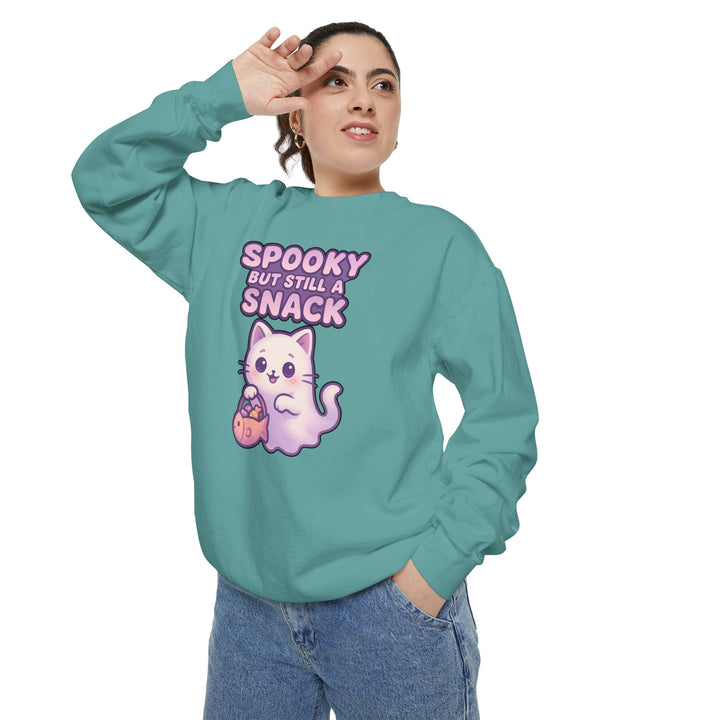 Spooky Snack Sweatshirt Featuring a Cute Ghost Cat Holding a Candy Basket with a Humorous Slogan