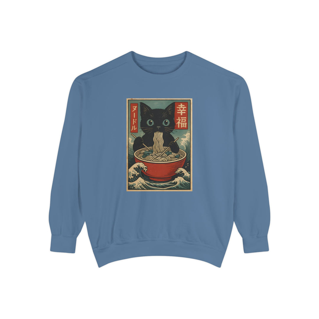 Japanese-Inspired Cat Sweatshirt Featuring a Black Cat Eating Ramen in a Classic Ukiyo-e Woodblock Art Style Cozy Unisex Sweater Cute Gift for Cat Lovers Casual Lounge Wear Perfect for Fall