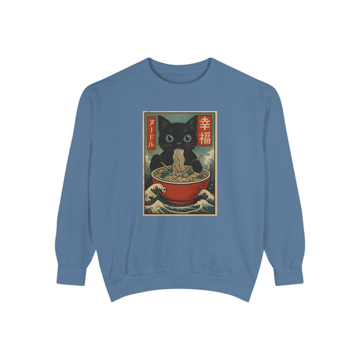 Japanese-Inspired Cat Sweatshirt Featuring a Black Cat Eating Ramen in a Classic Ukiyo-e Woodblock Art Style Cozy Unisex Sweater Cute Gift for Cat Lovers Casual Lounge Wear Perfect for Fall