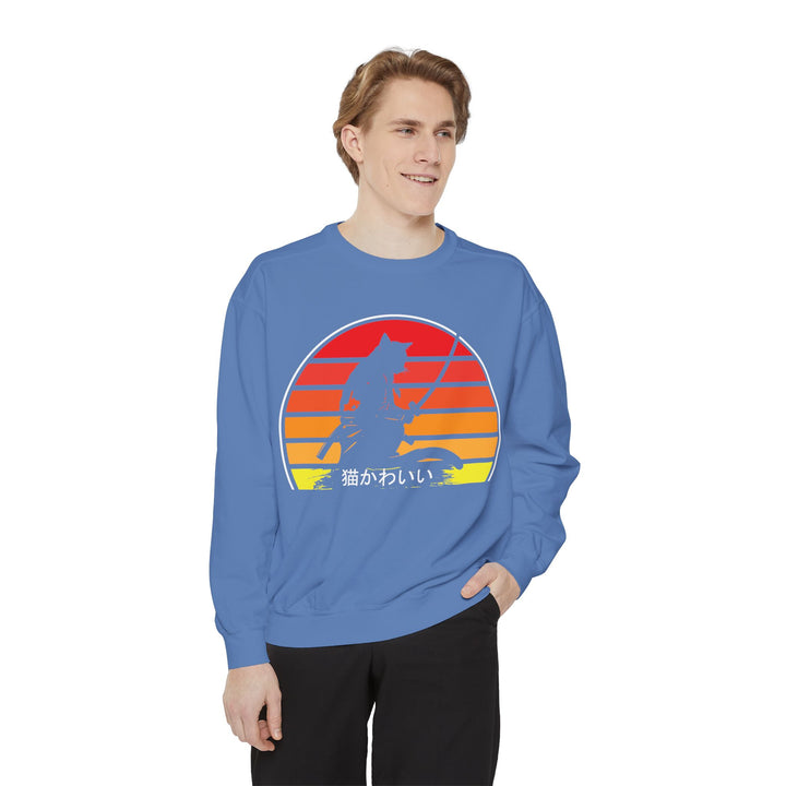 Sunset Samurai Sweatshirt | Cozy Unisex Garment-Dyed Pullover, Gift for Anime Lovers, Japanese Aesthetic Apparel, Fall Fashion, Casual Wear