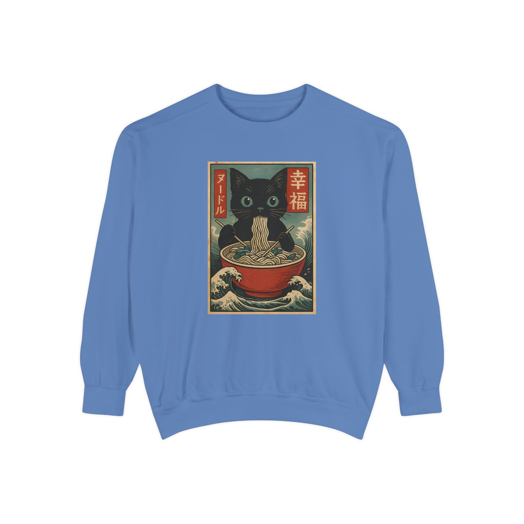 Japanese-Inspired Cat Sweatshirt Featuring a Black Cat Eating Ramen in a Classic Ukiyo-e Woodblock Art Style Cozy Unisex Sweater Cute Gift for Cat Lovers Casual Lounge Wear Perfect for Fall
