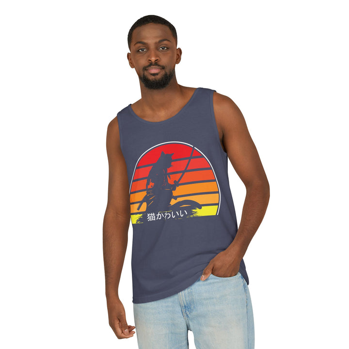 Sunset Cat Tank Top, Unisex Summer Top, Beachwear, Casual Workout Shirt, Gift for Cat Lovers