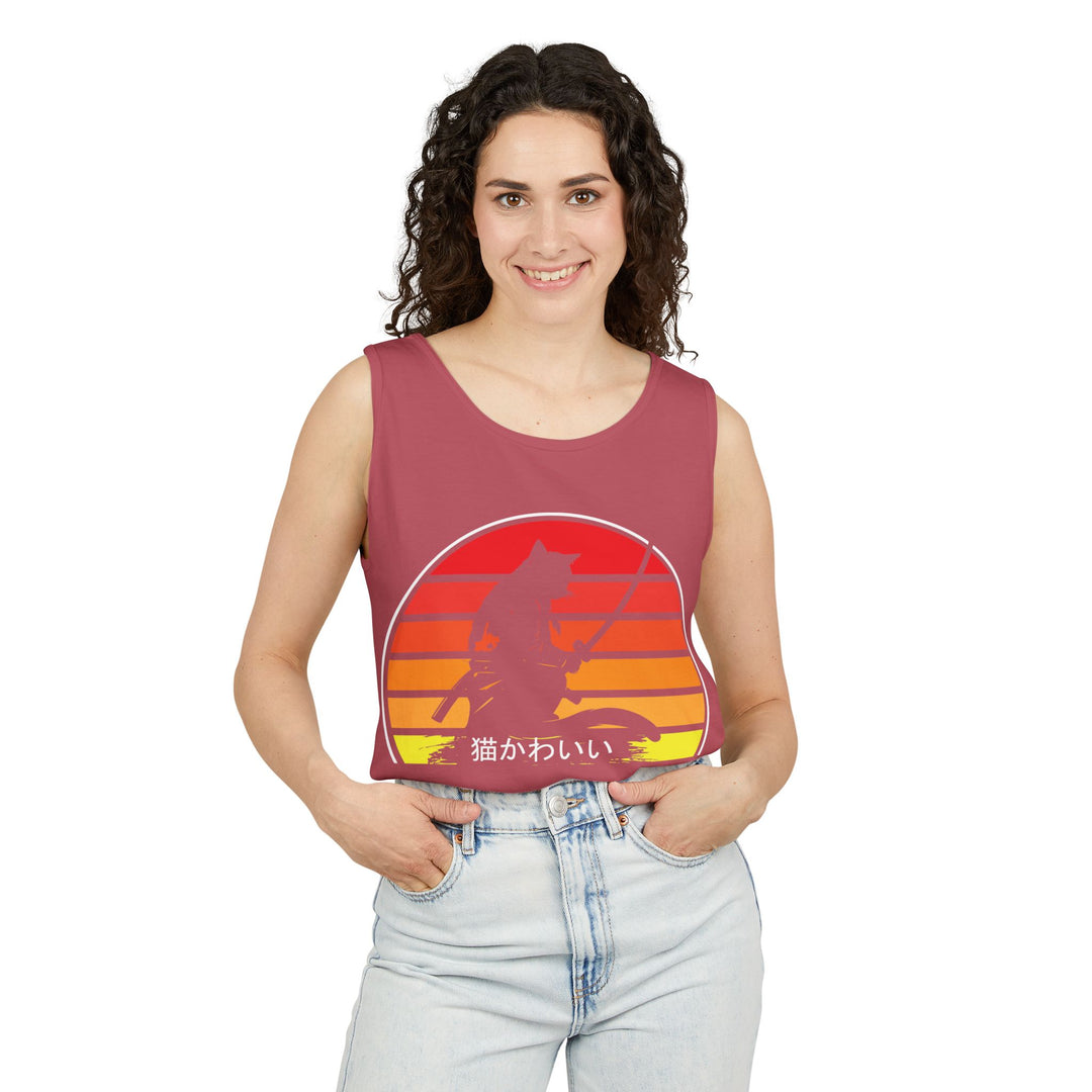 Sunset Cat Tank Top, Unisex Summer Top, Beachwear, Casual Workout Shirt, Gift for Cat Lovers