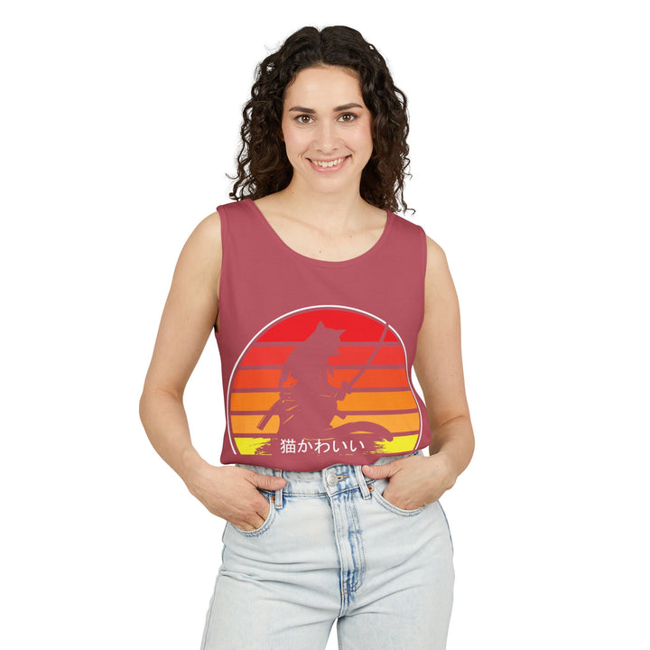 Sunset Cat Tank Top, Unisex Summer Top, Beachwear, Casual Workout Shirt, Gift for Cat Lovers